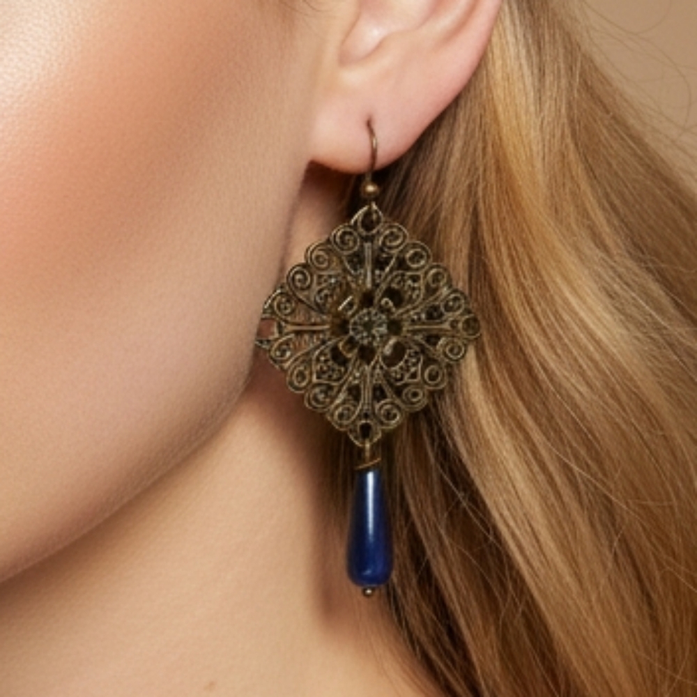 NEW Gold Blue Brass Ornamental Earrings Bohemian Victorian Vintage Whimsigoth